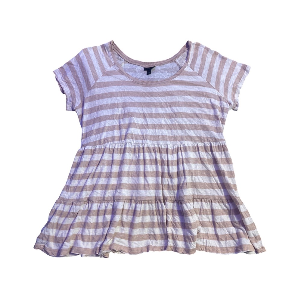 Torrid Plus Size Beige White Striped Peplum Top Short Sleeve Size 1/1X